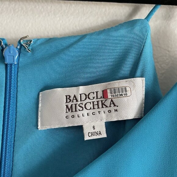 Badgley Mischka Collection Women 6 Teal Crepe Cutout Odessa Crossover Gown - Picture 8 of 13